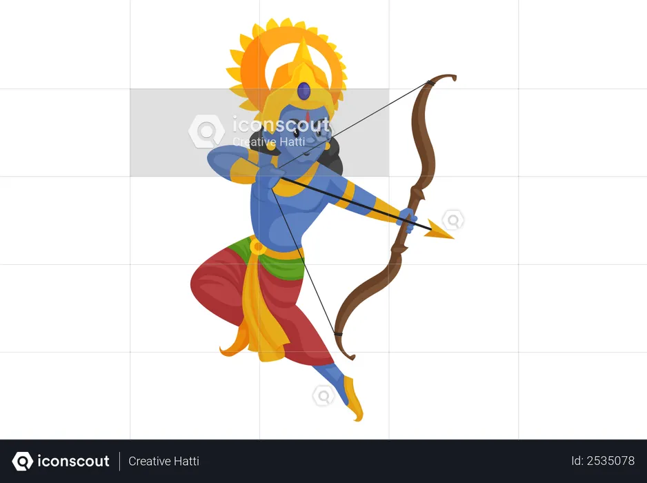God Rama fighting with bow and arrow  Illustration