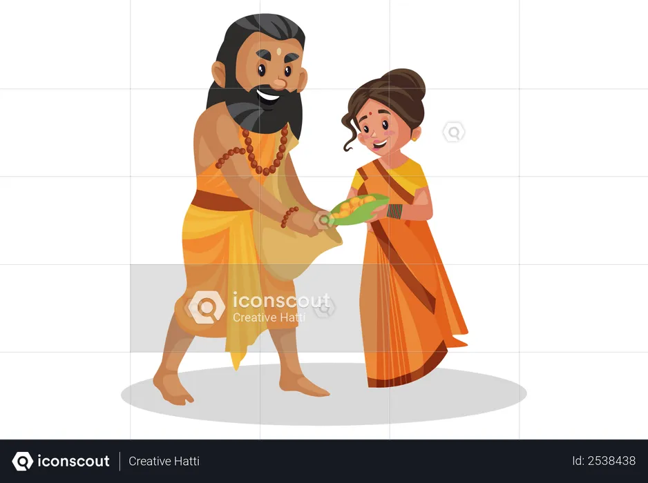 Goddesses Sita giving fruits to monk  Illustration