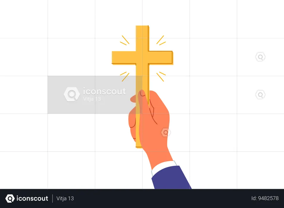 Golden christian crucifix in hands man inviting to accept catholicism and attend church for prayers  Illustration