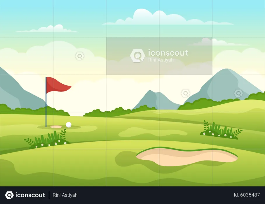 Golf ground with flag  Illustration