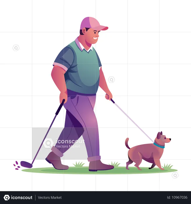 Golfer walking with Dog  Illustration