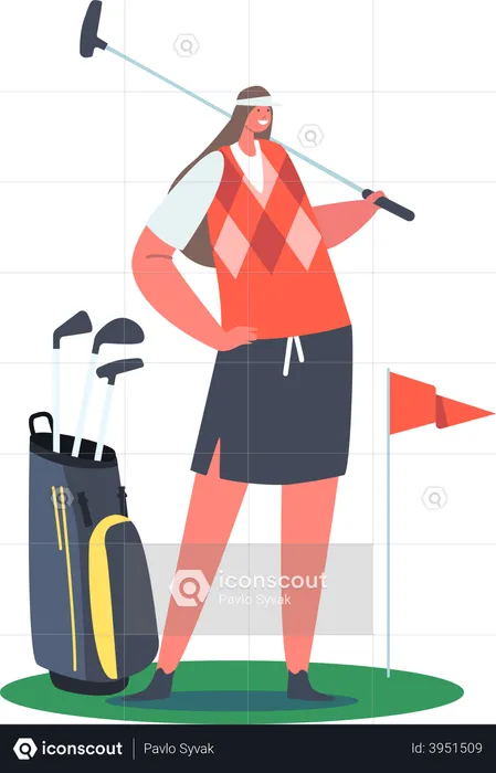 Golfer Frau posiert mit Golfschläger auf grünem Rasen  Illustration