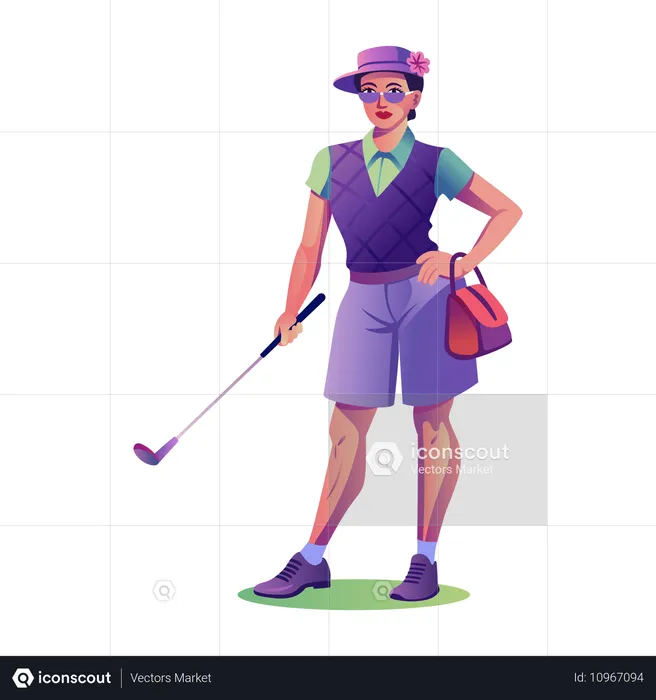 Mulher golfista dando pose de golfe  Ilustração