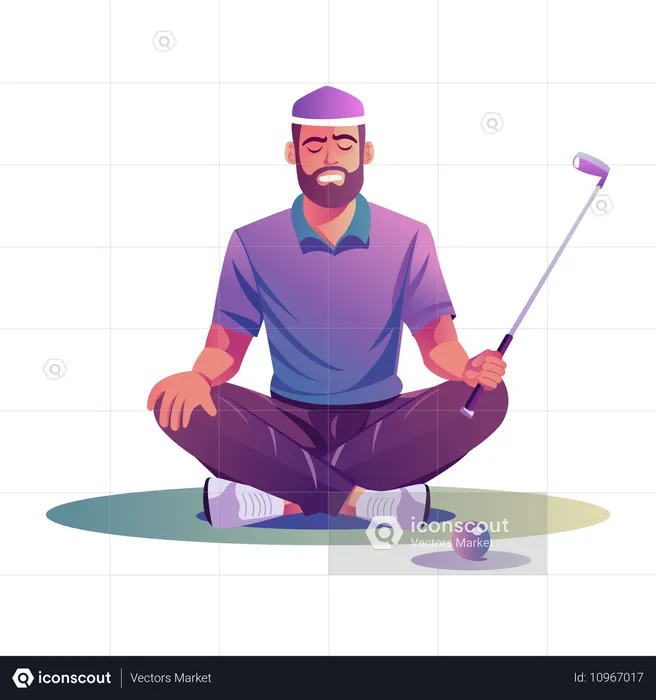 Golfista meditando con palo de golf  Ilustración