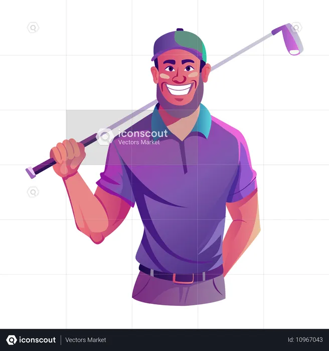 Golfista profesional sonriendo mientras sostiene un palo de golf  Ilustración