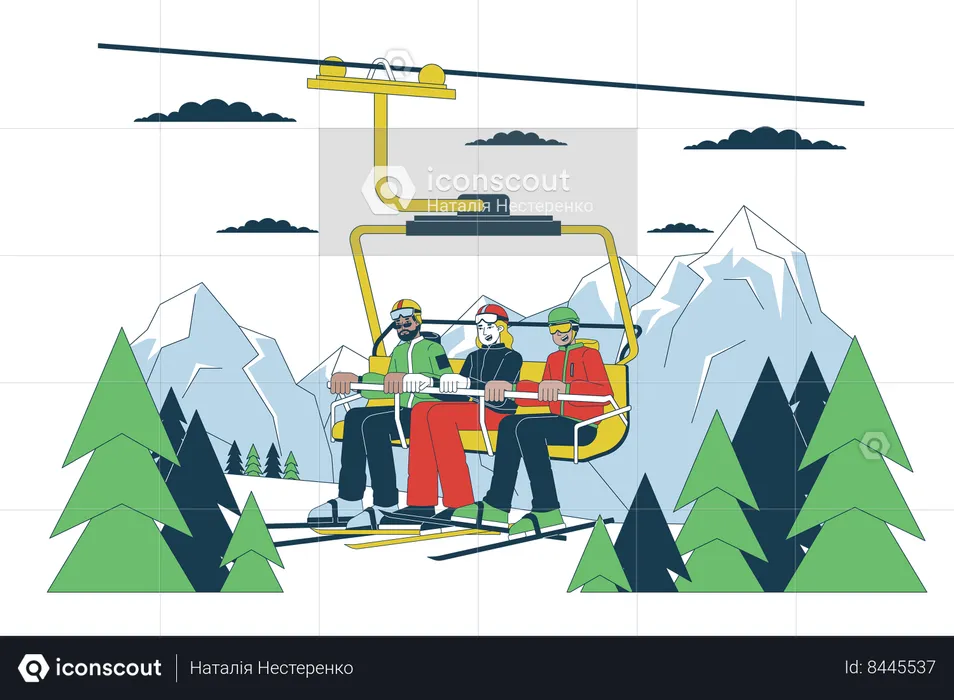 Gondola skiers riding on ski chairlift  Illustration