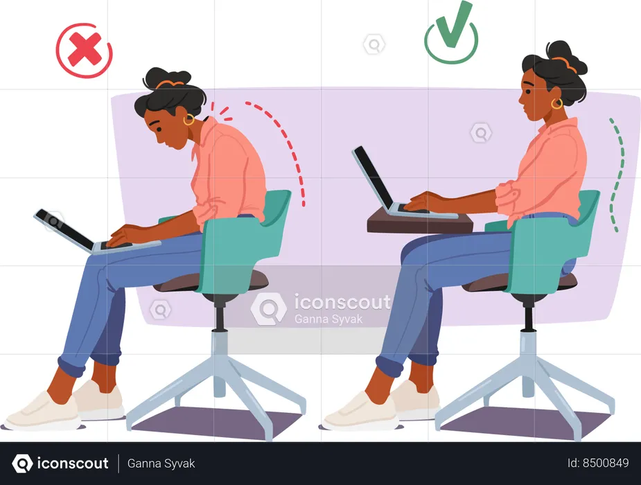 Good and bad body posture while working on desk  Illustration