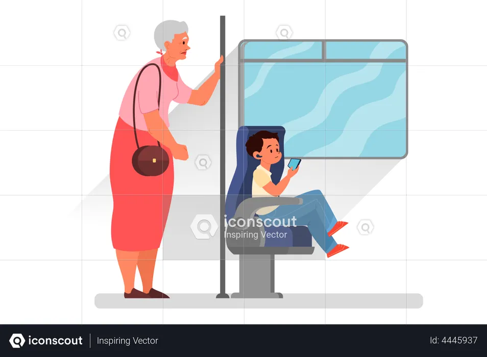 Good manners concept Retired woman standing in the bus  Illustration