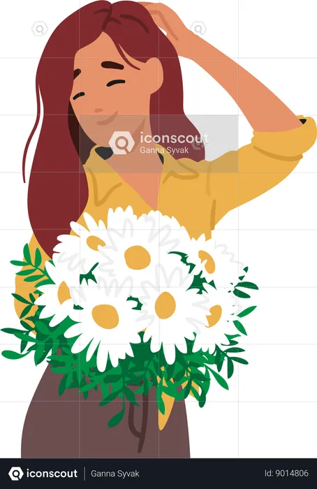 Graceful Maiden Character Posing with Bouquet Of Chamomile Blooms, Their Delicate Petals Mirroring Her Youth  Illustration