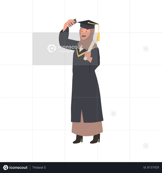 Mulher muçulmana graduada tirando selfie com certificado  Ilustração