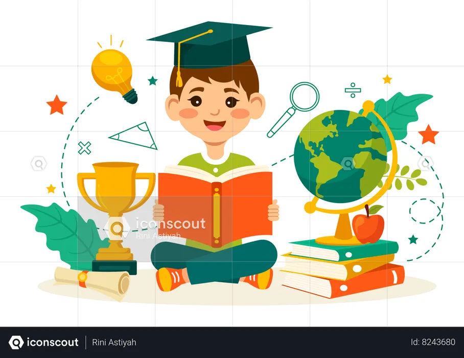 Graduate boy sitting with trophy and books  Illustration