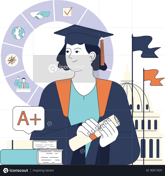 Graduate female student getting a plus degree  Illustration