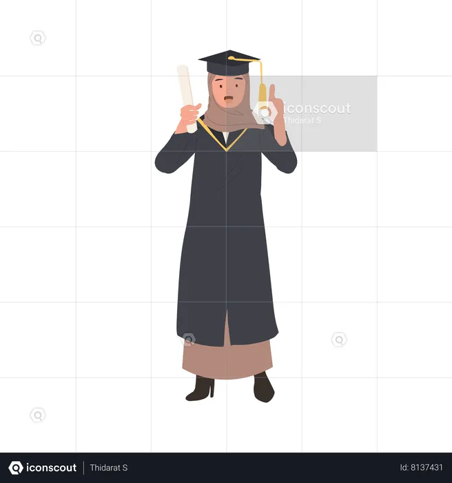 Graduate muslim woman showing thumbs up and holding certificate  Illustration