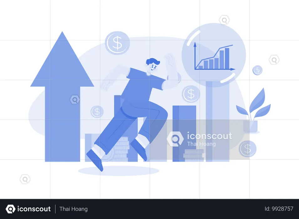 El empleado trabaja en gráficos de datos de mercado.  Ilustración