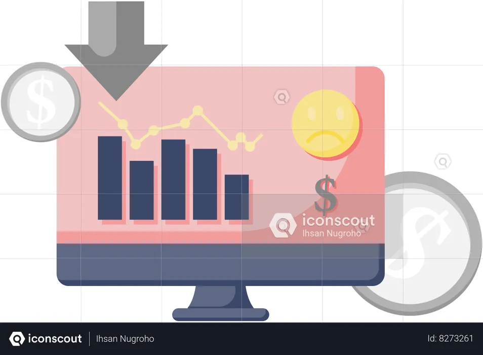 Exibição de declínio do gráfico de ações no monitor  Ilustração