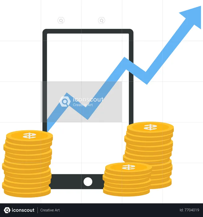 Gráfico do mercado de ações no celular e na pilha de moedas  Ilustração