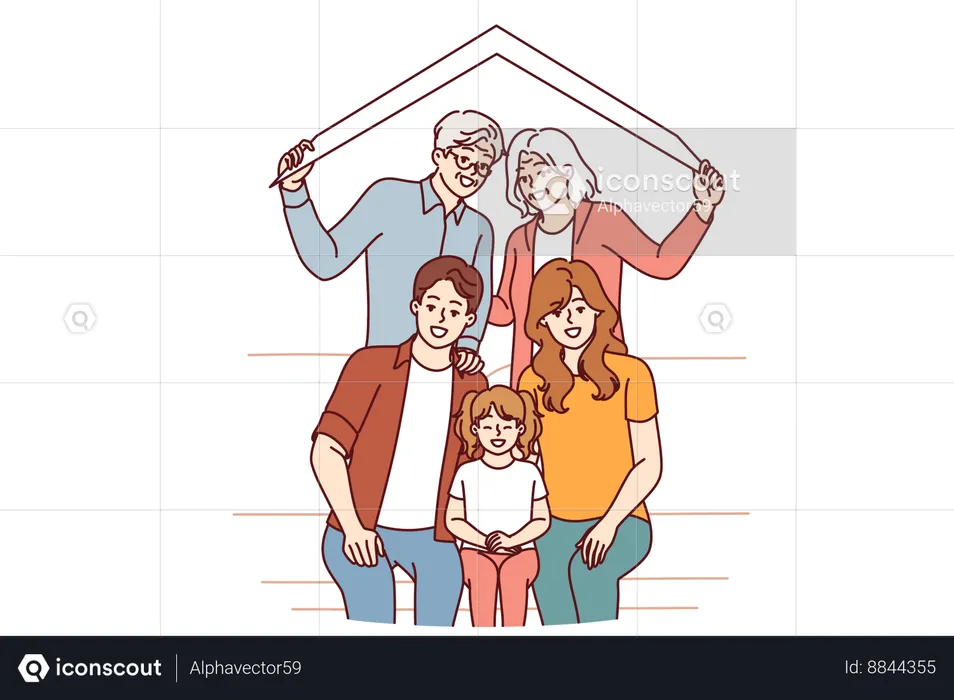 Gran familia feliz de padres jubilados e hijos milenarios con nietos bajo el techo de casa  Ilustración