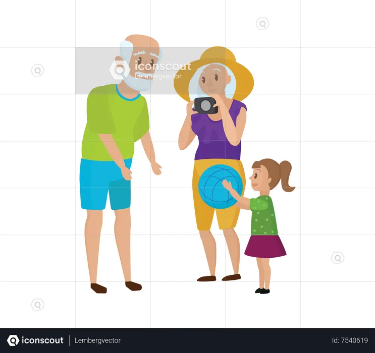 Grand father and mother playing ball with little girl at beach  Illustration