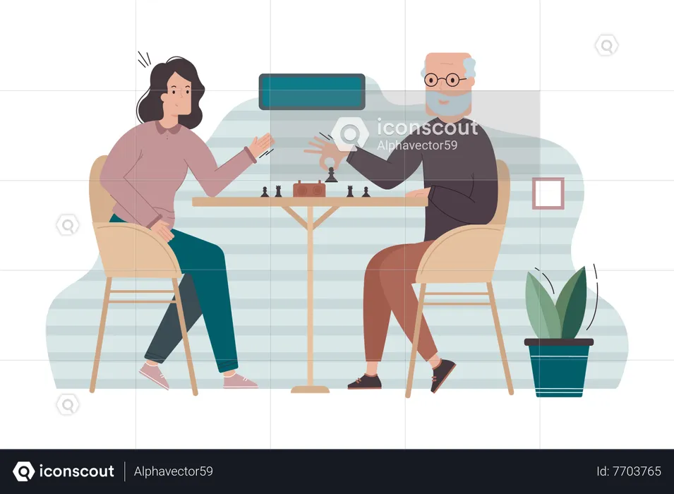 Grand father playing chess with girl  Illustration