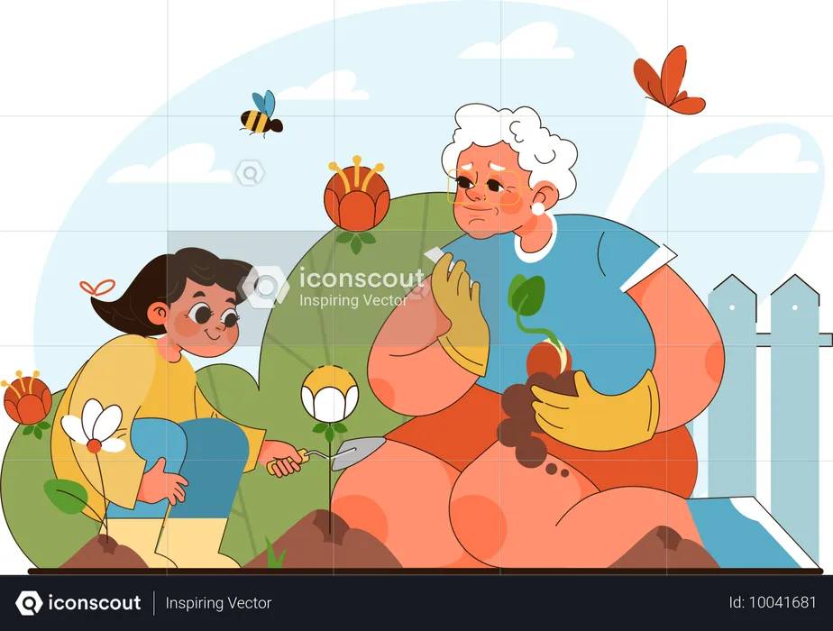 Grand-mère et enfant plantant des fleurs  Illustration