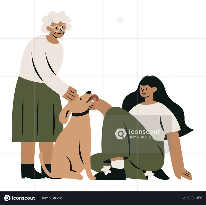 Grand-mère et petite-fille avec chien  Illustration