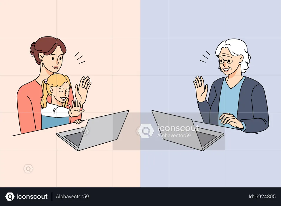 Grand mother talking on video call with grand daughter  Illustration