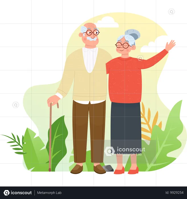 Grand-père et grand-mère agitant leurs mains  Illustration