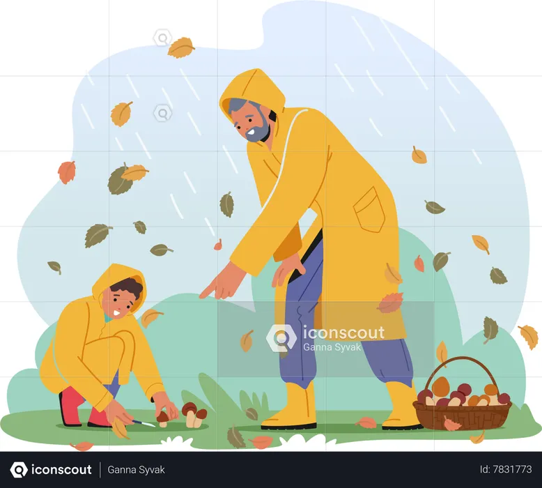 Grandfather And Boy Picking Mushrooms  Illustration