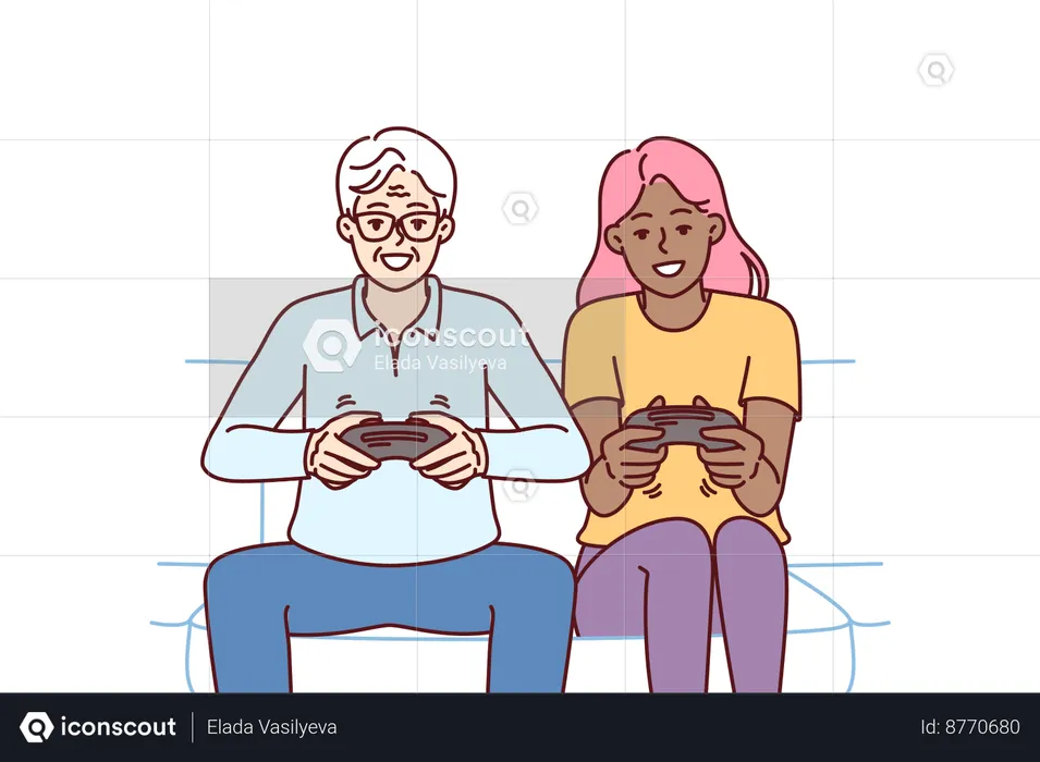 Grandfather and grand daughter are playing video games  Illustration