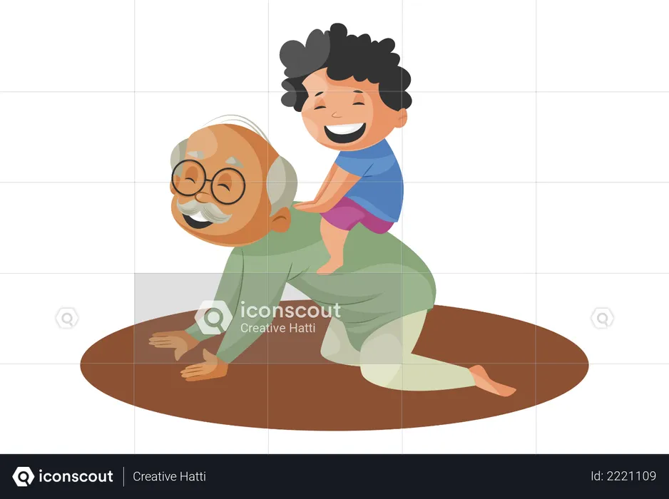 Grandfather and Grandson Playing Horse game  Illustration
