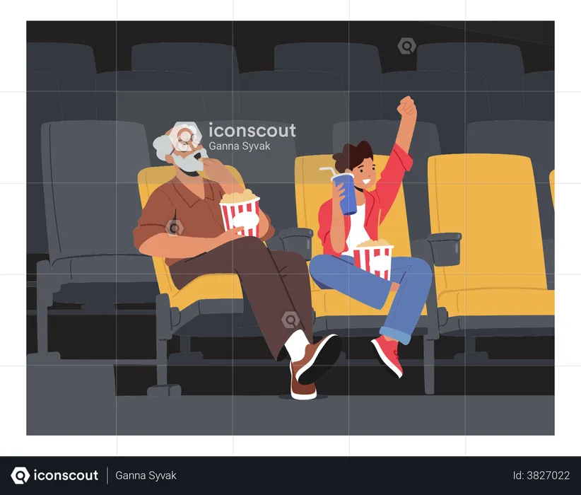 Grandfather And Grandson Watching Movie At Cinema With Pop Corn And Cola  Illustration