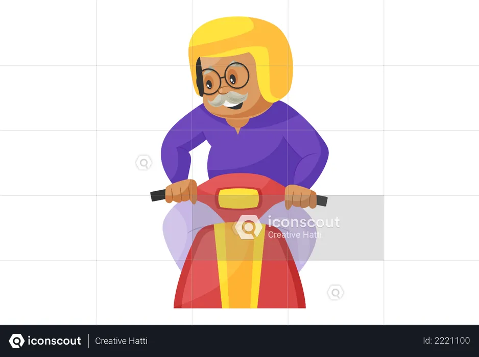 Grandfather Driving Scooter wearing helmet  Illustration