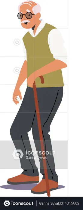 Grandfather Moving with Help of Walking Cane  Illustration