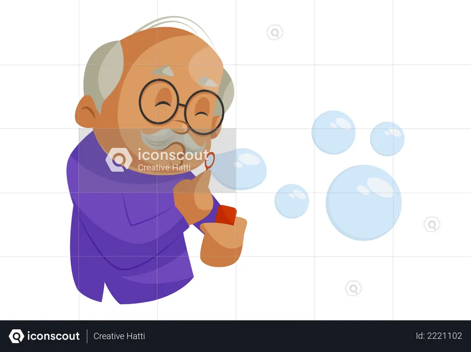 Grandfather playing with soap bubbles  Illustration