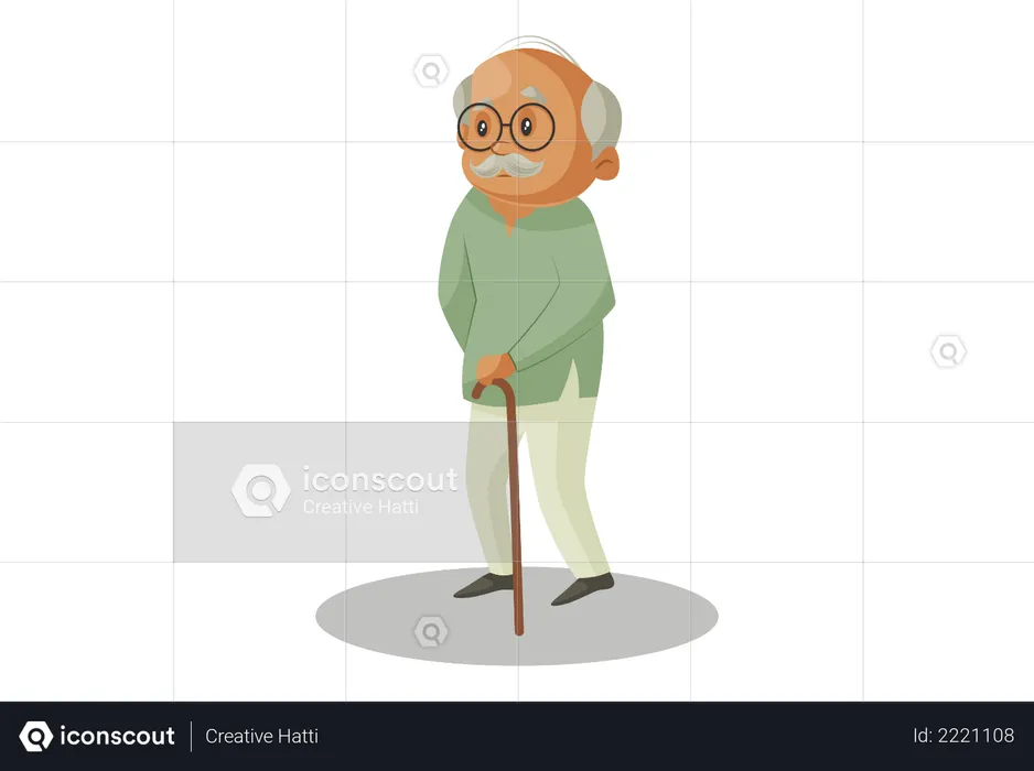 Grandfather standing with Wooden Stick  Illustration