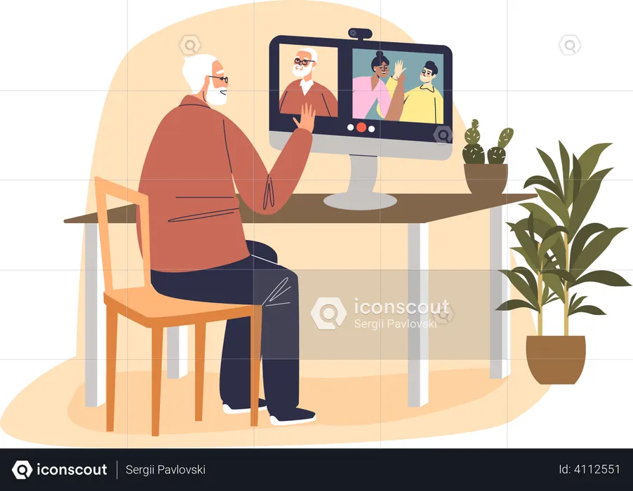 Grandfather talking with kids on video call  Illustration