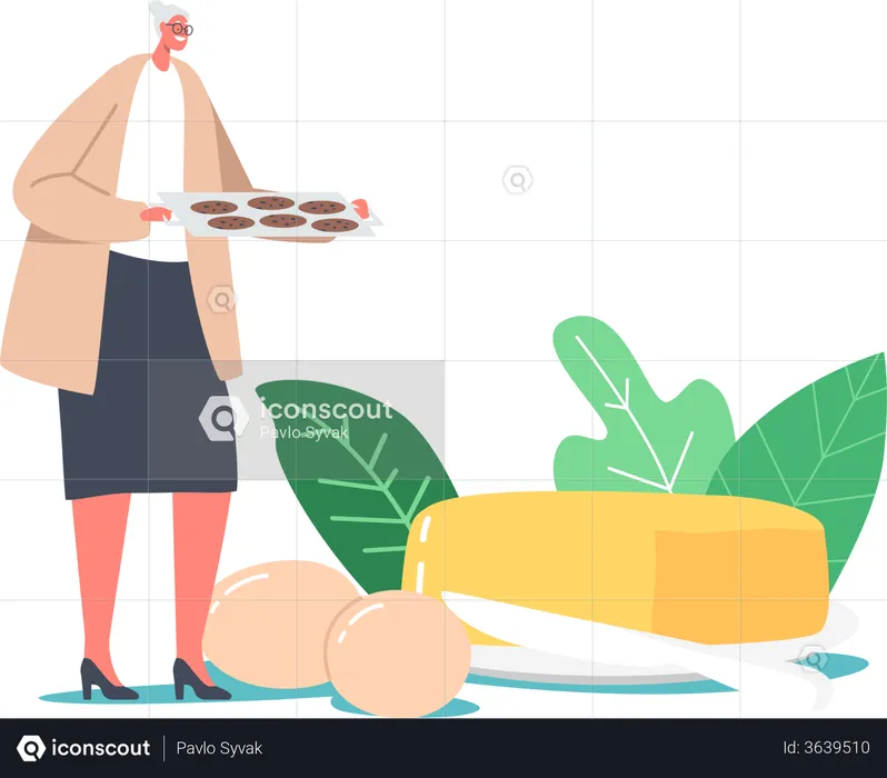 Grandma baking fresh cookies  Illustration