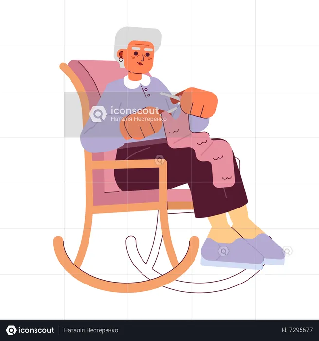 Grandma knitting yarn in rocking chair  Illustration