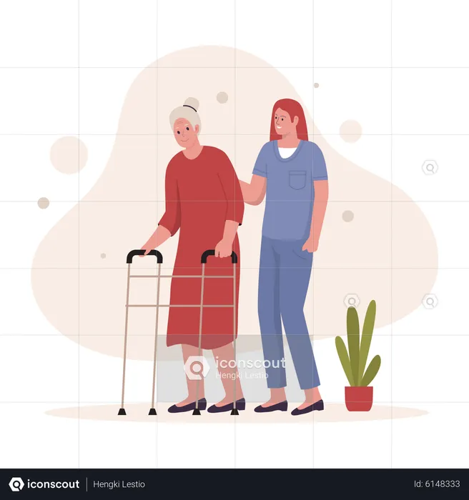 Grandma walk with caregiver  Illustration