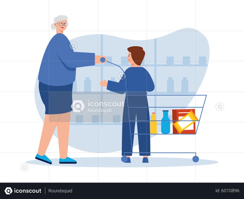 Grandmother and grandson in market  Illustration