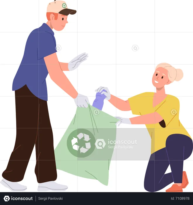 Grandmother and teenager grandson picking plastic waste into eco sack bag  Illustration