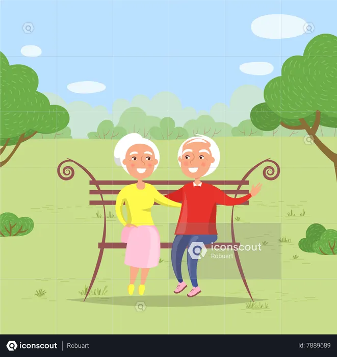 Grandmother Grandfather on Bench  Illustration