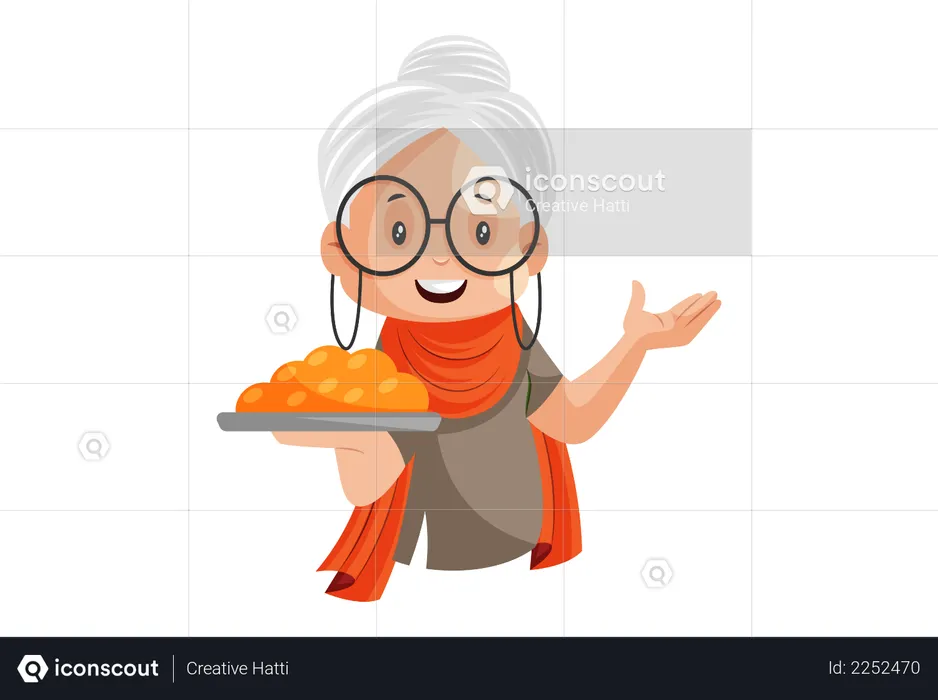Grandmother is holding Laddu sweet plate in hand  Illustration