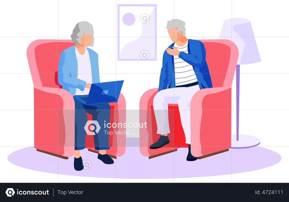 Grandmother is teaching grandfather how to use laptop  Illustration