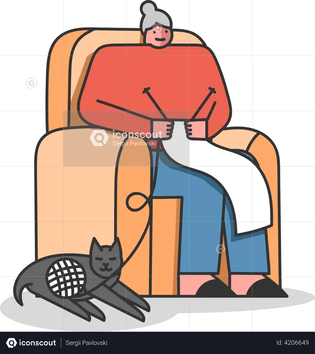 Grandmother knitting scarf while sitting on armchair  Illustration