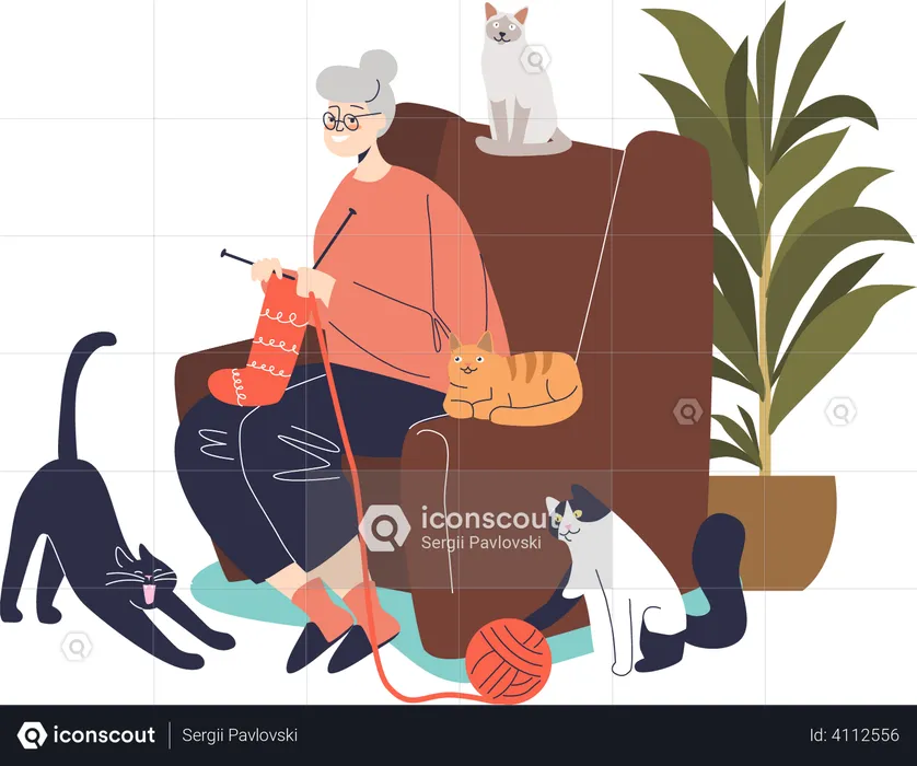 Grandmother knitting while sitting in comfortable chair  Illustration