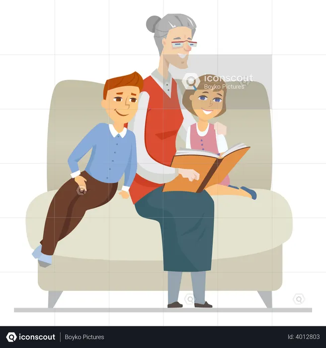 Grandmother reading to grandchildren  Illustration