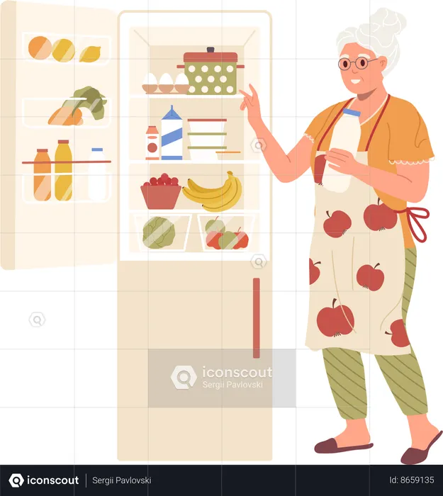 Grandmother taking ingredients for food preparation looking at opened refrigerator  Illustration