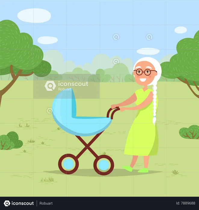 Grandmother with Child in Baby Buggy in Park  Illustration