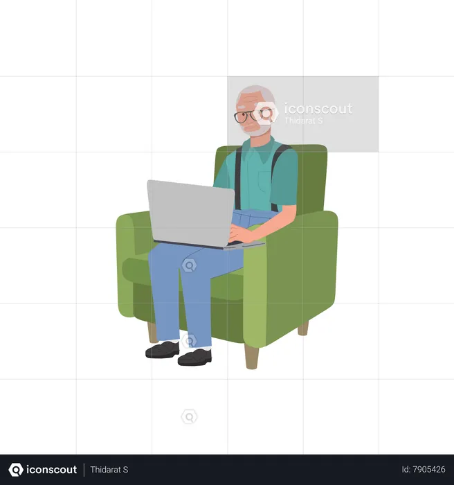 Grandpa Using Laptop on Couch for Online Browsing  Illustration